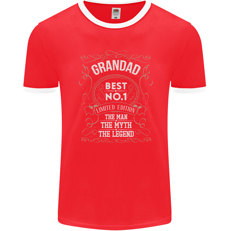 Father's Day No 1 Grandad Man Myth Legend Mens Ringer T-Shirt FotL Red/White