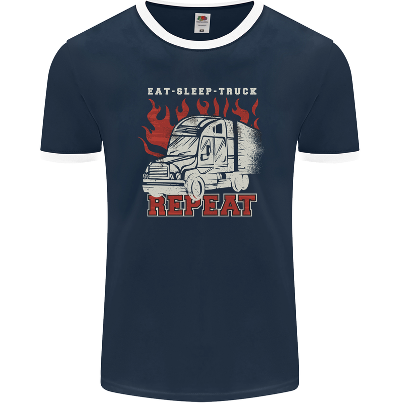 Lorry Driver Eat Sleep Truck Trucker Mens Ringer T-Shirt FotL Navy Blue/White