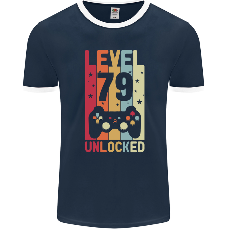 79th Birthday 79 Year Old Level Up Gamming Mens Ringer T-Shirt FotL Navy Blue/White