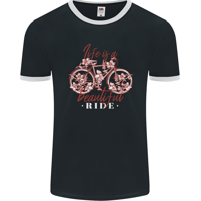 Life is a Beautiful Ride Cycling Bicycle Mens Ringer T-Shirt FotL Black/White