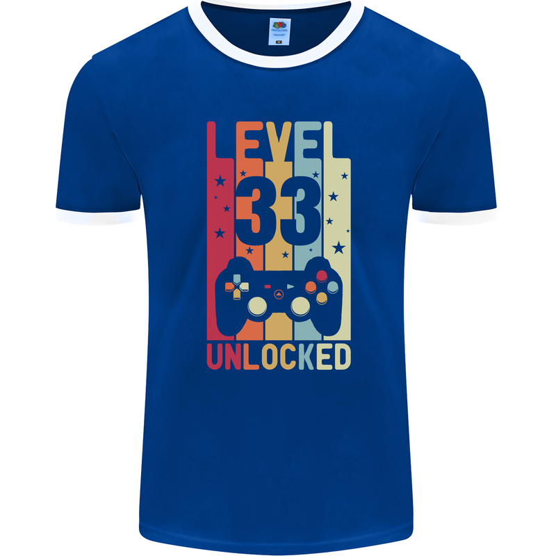 33rd Birthday 33 Year Old Level Up Gamming Mens Ringer T-Shirt FotL Royal Blue/White