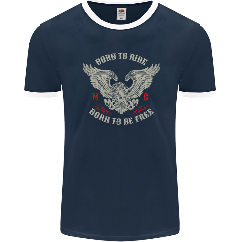 Born to Ride Biker Motorcycle Motorbike Mens Ringer T-Shirt FotL Navy Blue/White