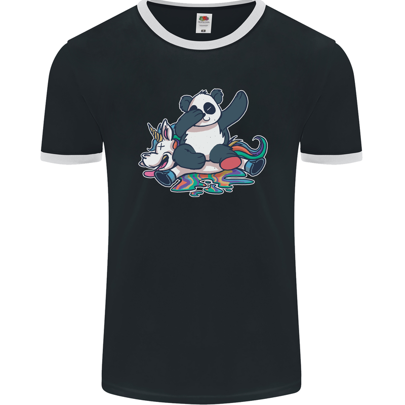 Dabbing Panda Squashing a Unicorn Funny Mens Ringer T-Shirt FotL Black/White