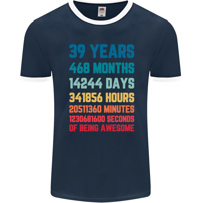 39th Birthday 39 Year Old Mens Ringer T-Shirt FotL Navy Blue/White