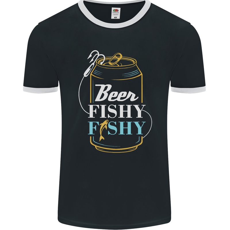 Fishing Beer Here Fishy Fisherman Funny Mens Ringer T-Shirt FotL Black/White