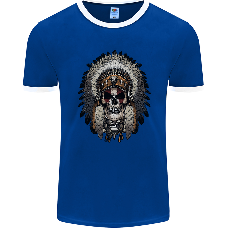 Native American Indian Skull Headdress Mens Ringer T-Shirt FotL Royal Blue/White