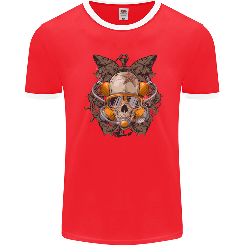 Scuba Diving Skull Diver Dive Mens Ringer T-Shirt FotL Red/White