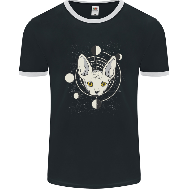 Celestial Cat Moon Phases Mens Ringer T-Shirt FotL Black/White