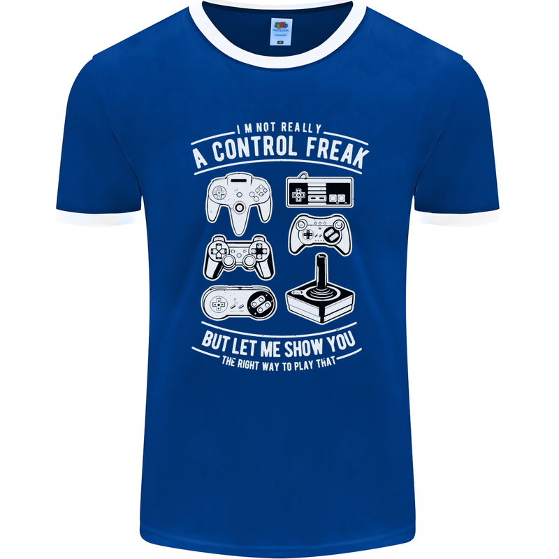 Control Freak Funny Gaming Gamer Mens Ringer T-Shirt FotL Royal Blue/White