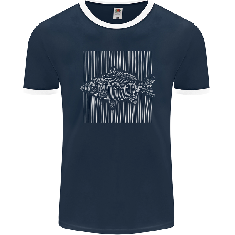 Carp Lines Fishing Fisherman Fish Angling Mens Ringer T-Shirt FotL Navy Blue/White