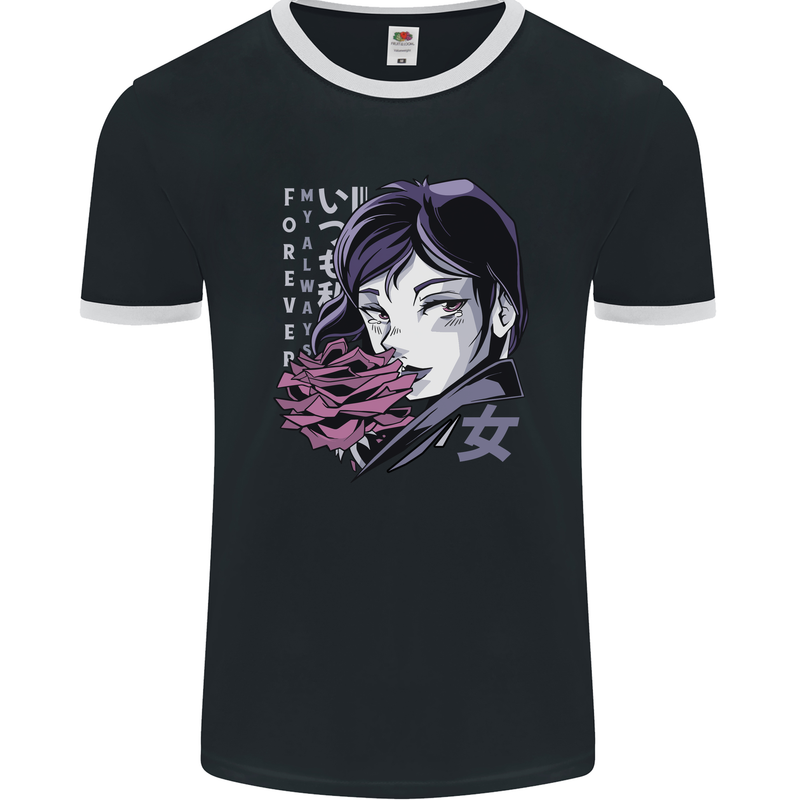 Anime Girl With Flowers Mens Ringer T-Shirt FotL Black/White