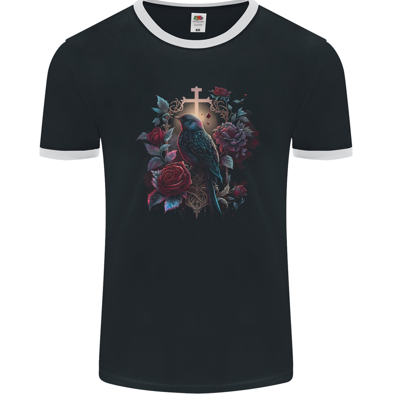 A Gothic Bird and Cross in Roses Gothic Mens Ringer T-Shirt FotL Black/White