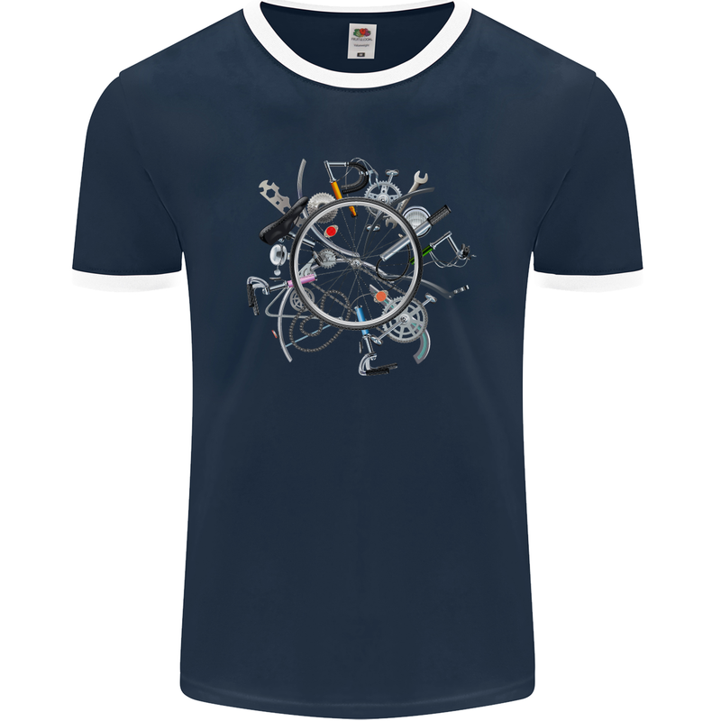 Bicycle Parts Cycling Cyclist Cycle Bicycle Mens Ringer T-Shirt FotL Navy Blue/White