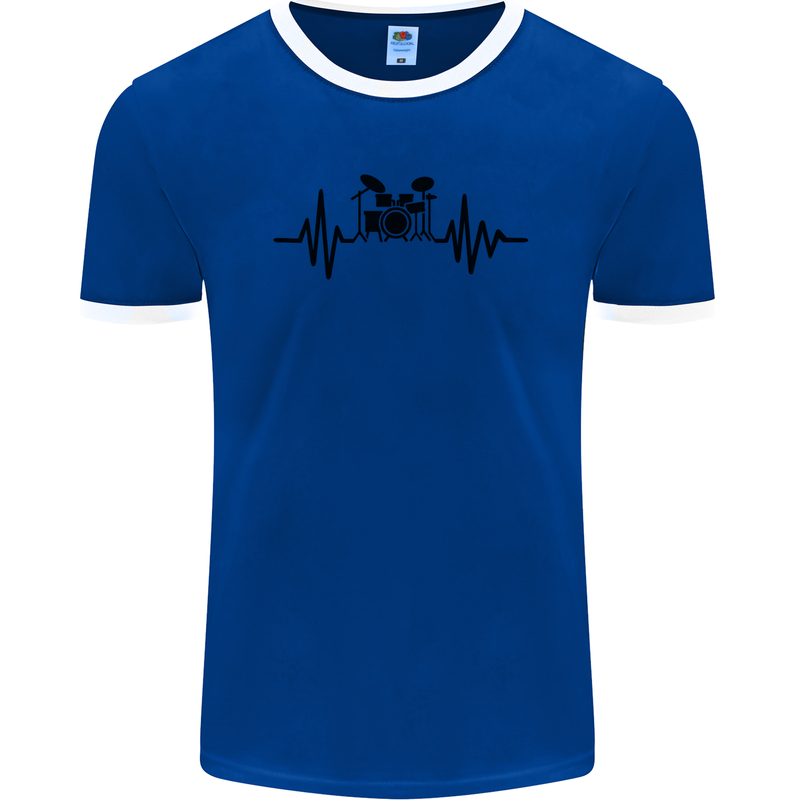 Drum Kit Pulse ECG Drummer Drumming Drum Mens Ringer T-Shirt FotL Royal Blue/White