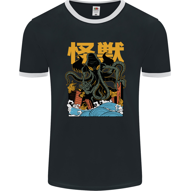 Cthulhu Japanese Anime Kraken Mens Ringer T-Shirt FotL Black/White