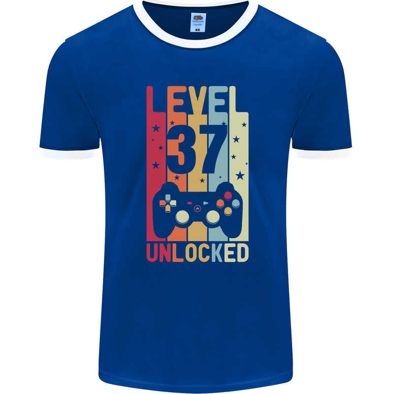 37th Birthday 37 Year Old Level Up Gamming Mens Ringer T-Shirt FotL Royal Blue/White