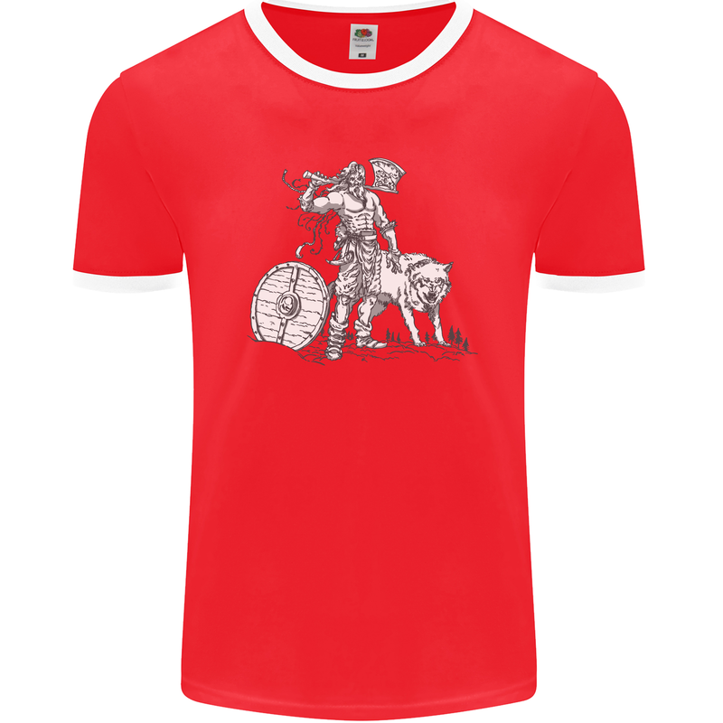 Viking With a Wolf and Shield Thor Valhalla Mens Ringer T-Shirt FotL Red/White