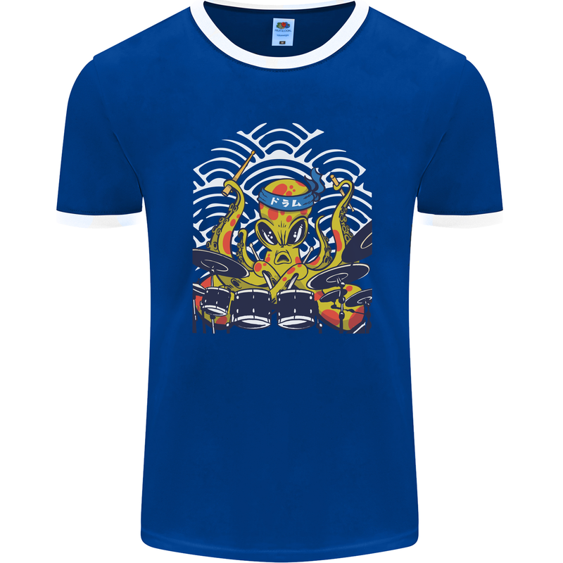 Japanese Octopus Drummer Drumming Drums Mens Ringer T-Shirt FotL Royal Blue/White