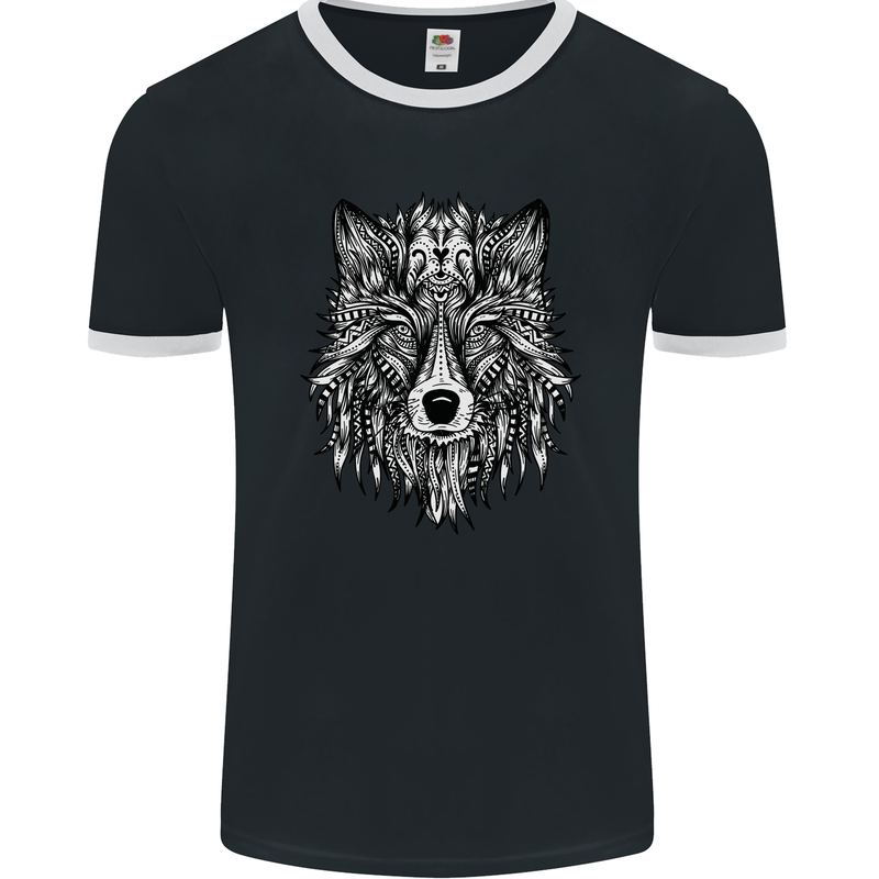 Mandala Tribal Wolf Tattoo Mens Ringer T-Shirt FotL Black/White