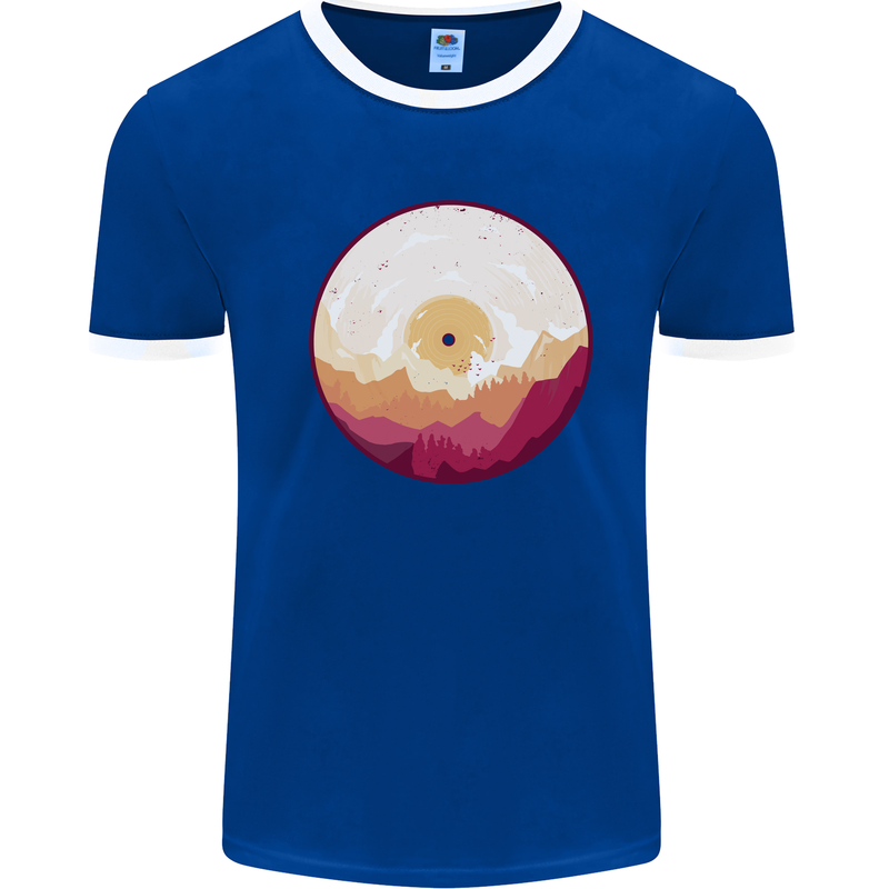 Vinyl Landscape Record Mountains DJ Decks Mens Ringer T-Shirt Royal Blue/White