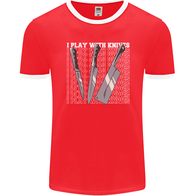 Chef I Play With Knives Mens Ringer T-Shirt FotL Red/White