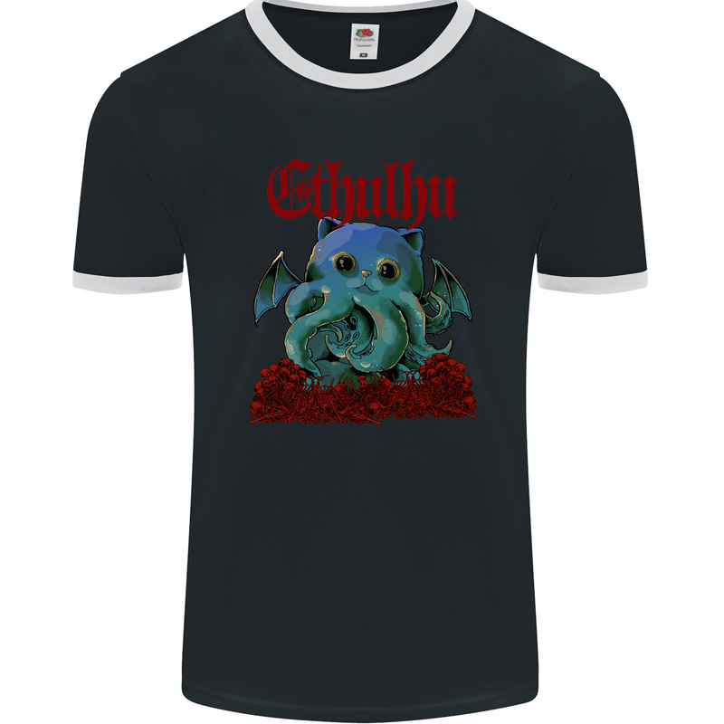 Cathulhu Funny Cat Cthulhu Parody Kraken Mens Ringer T-Shirt FotL Black/White