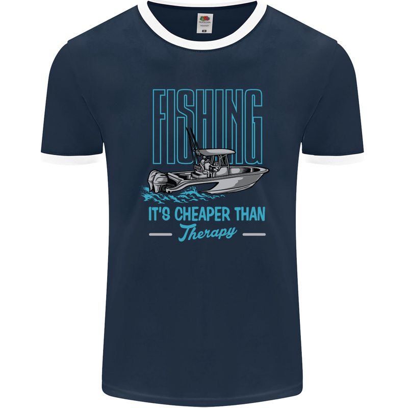 Fishing It's Cheaper Than Therapy Fisherman Mens Ringer T-Shirt FotL Navy Blue/White