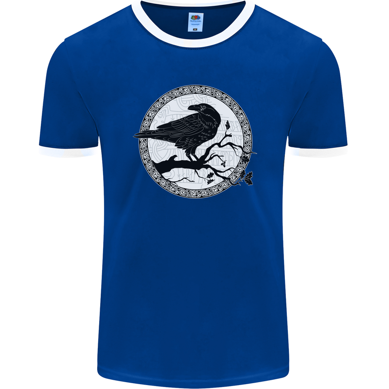 Viking Crow Celtic Norse Valhalla Odin Thor Mens Ringer T-Shirt FotL Royal Blue/White