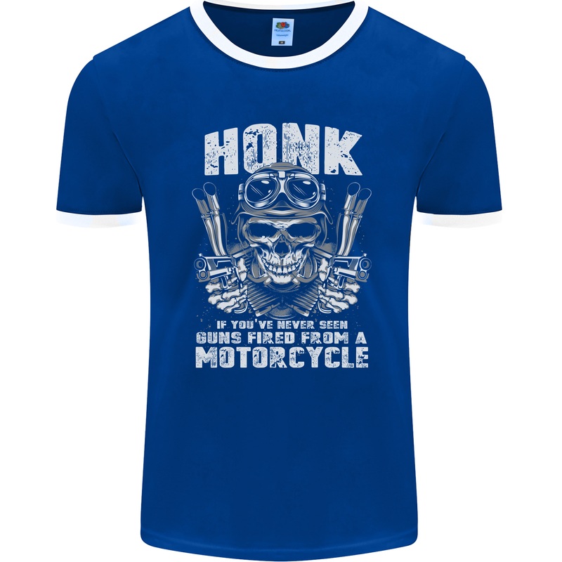 Honk Guns Fired From a Motorcycle Biker Mens Ringer T-Shirt FotL Royal Blue/White