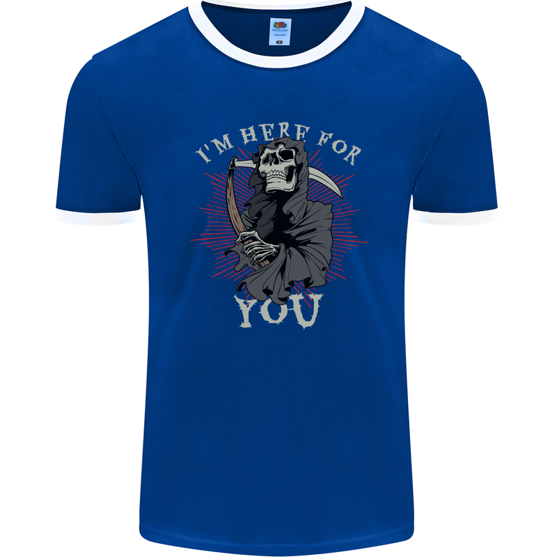 I'm Here For You Grim Reaper Skull Devil Mens Ringer T-Shirt FotL Royal Blue/White