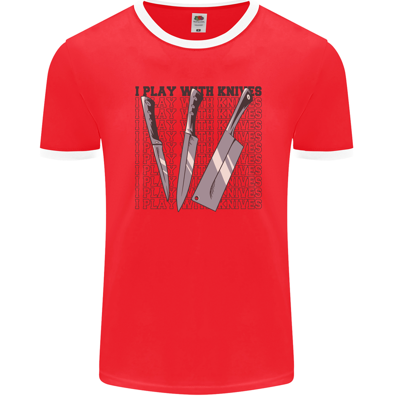 I Play With Knives Funny Chef Mens Ringer T-Shirt FotL Red/White