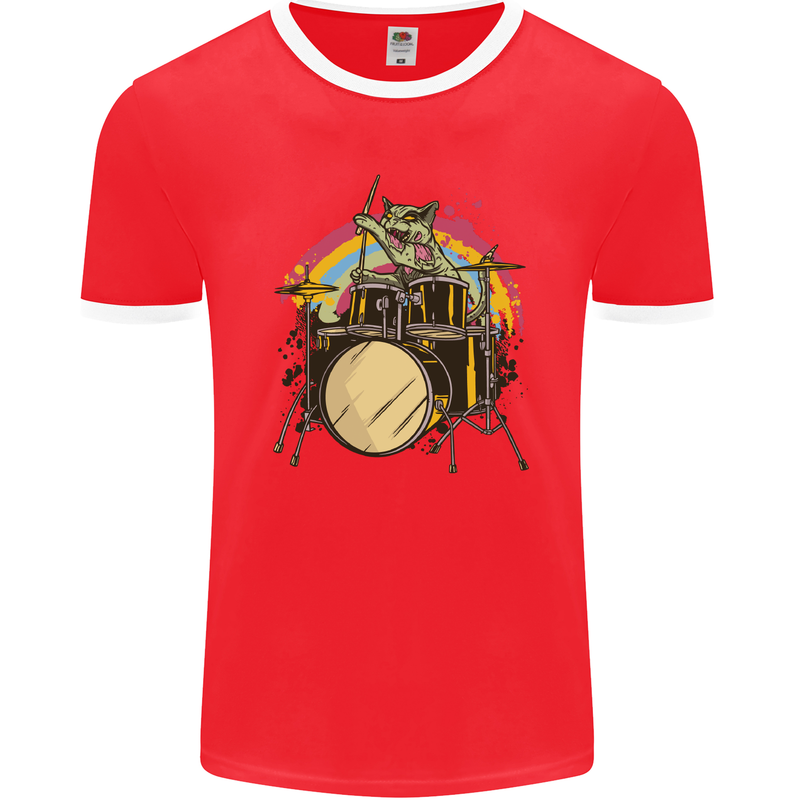 Zombie Cat Drummer Mens Ringer T-Shirt FotL Red/White