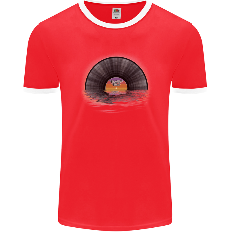 Vinyl Sunset Record LP Turntable Music Mens Ringer T-Shirt FotL Red/White