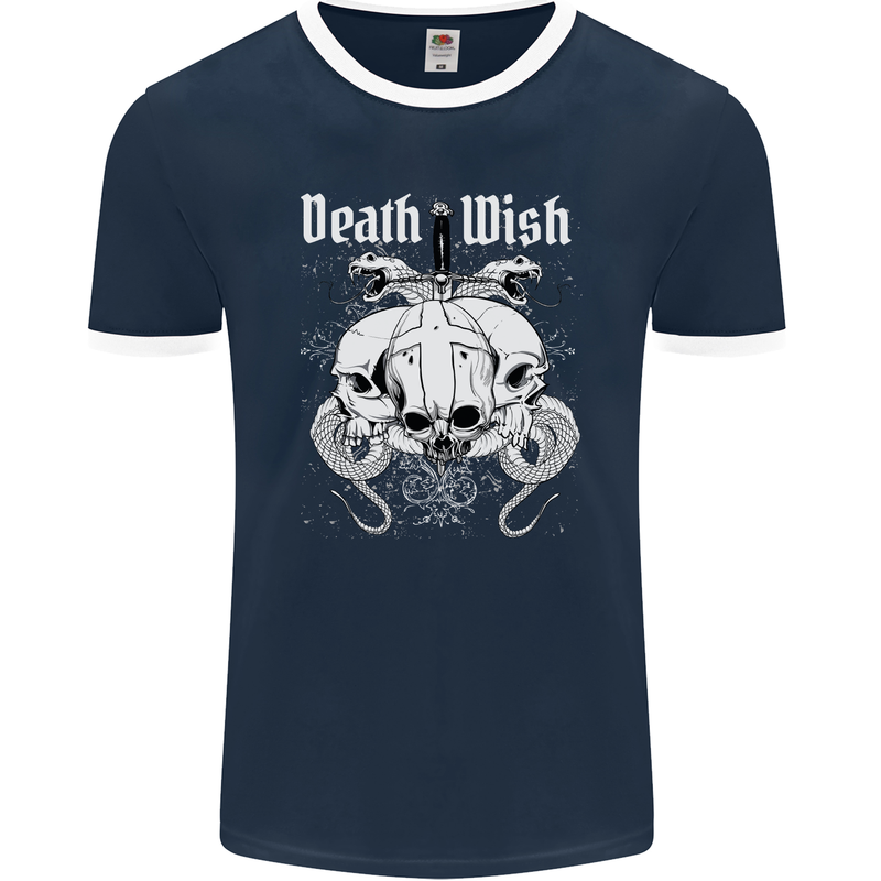 Death Wish Skulls Snakes Biker Gothic Demon Mens Ringer T-Shirt FotL Navy Blue/White