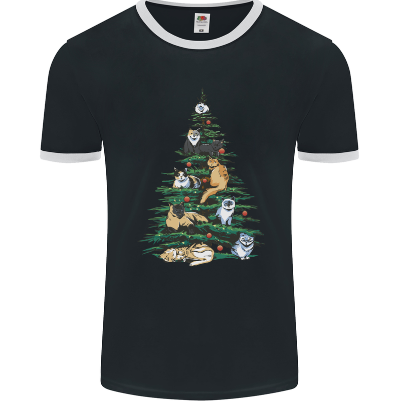 Cat Christmas Tree Mens Ringer T-Shirt FotL Black/White