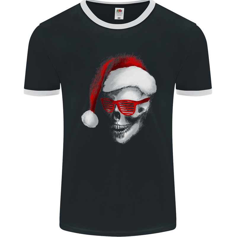 Santa Skull Wearing Shades Funny Christmas Mens Ringer T-Shirt FotL Black/White