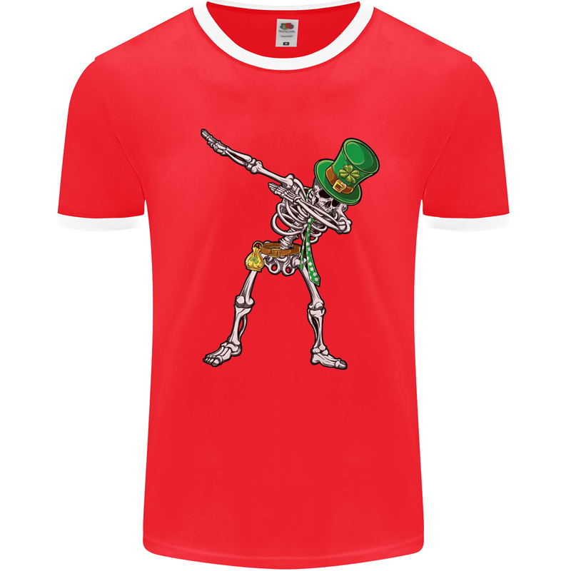 St Patricks Day Dabbing Skeleton Skull Mens White Ringer T-Shirt Red/White