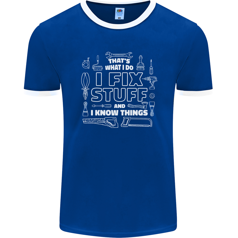 I Fix Stuff Funny Plumber Electrician Mechanic Mens Ringer T-Shirt FotL Royal Blue/White