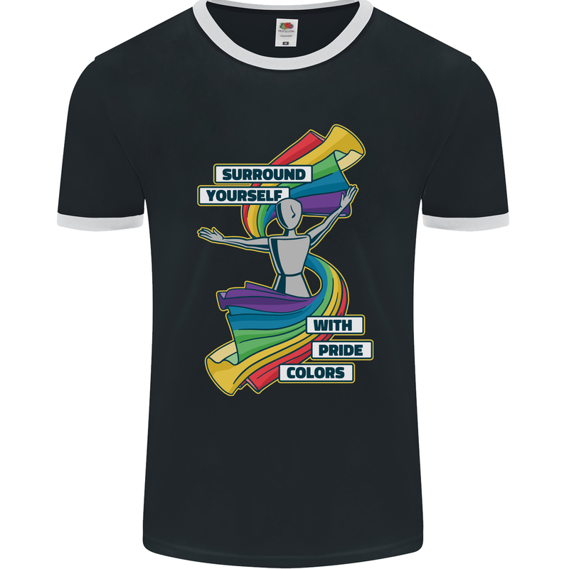 LGBT Surround Yourself Gay Pride Colours Mens Ringer T-Shirt FotL Black/White