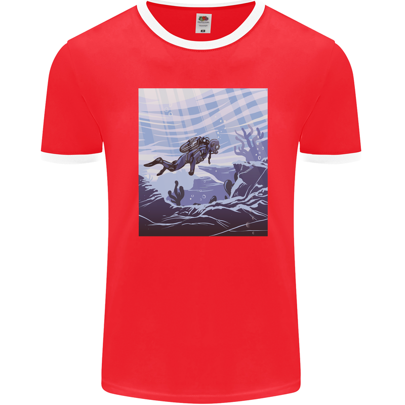 A Deep Sea Scuba Diver Diving Mens Ringer T-Shirt FotL Red/White