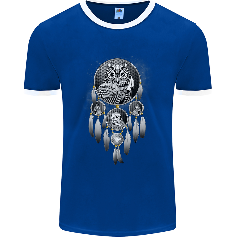 Bring the Nightmare Tribal Owl Skull Gothic Mens Ringer T-Shirt FotL Royal Blue/White