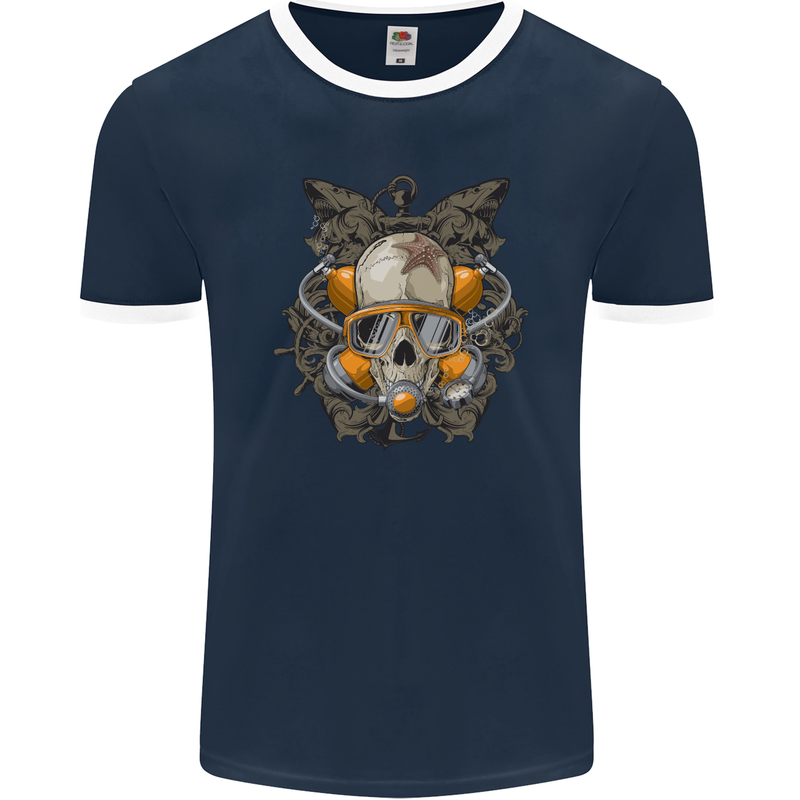 Scuba Diving Skull Diver Dive Mens Ringer T-Shirt FotL Navy Blue/White