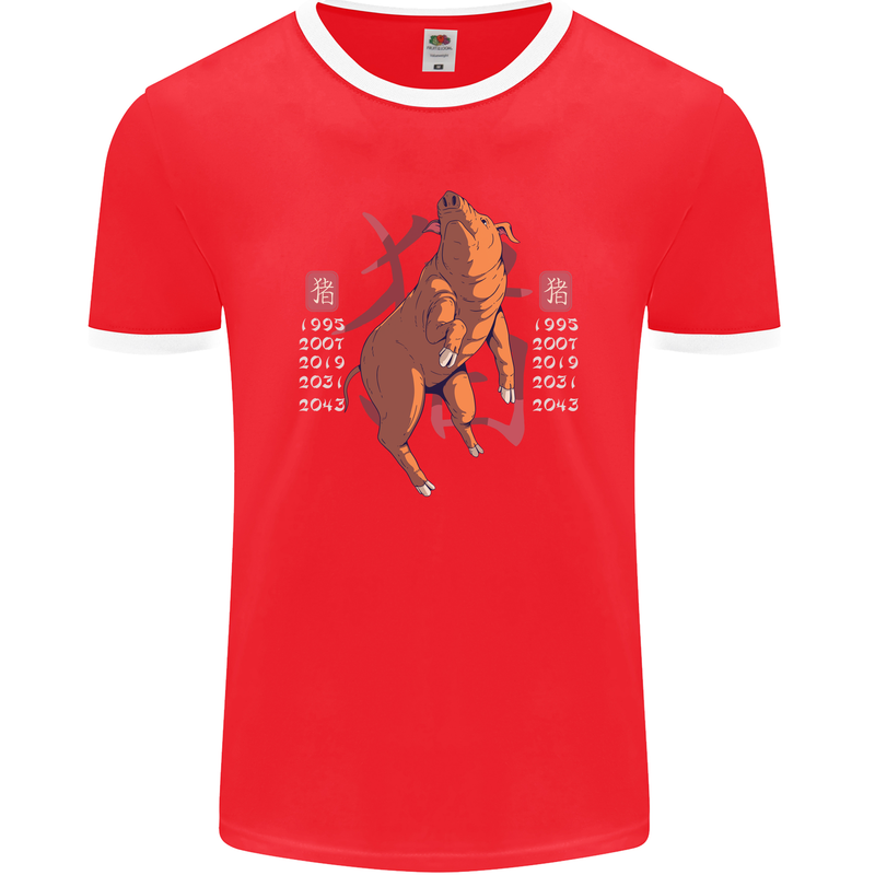 Chinese Zodiac Shengxiao Year of the Pig Mens Ringer T-Shirt FotL Red/White