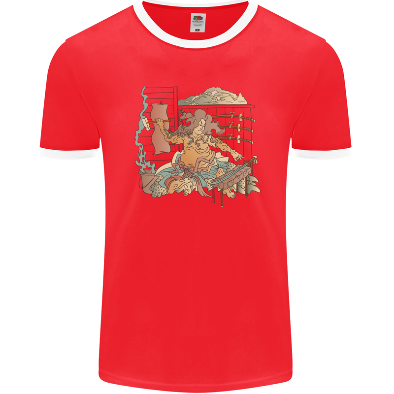 Katana Blacksmith Japanese Samurai Sword Mens Ringer T-Shirt FotL Red/White