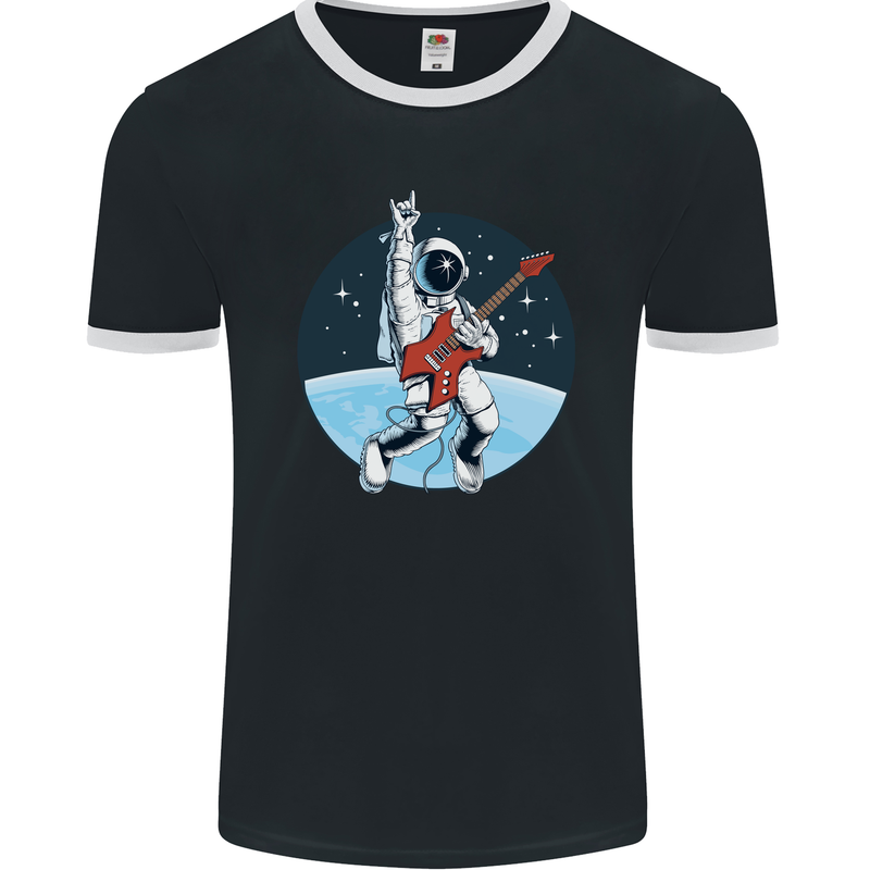 Space Rock Funny Astronaut Guitar Guitarist Mens Ringer T-Shirt FotL Black/White