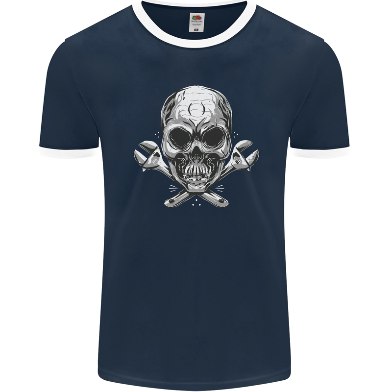 Spanner Skull Mechanic Biker Mens Ringer T-Shirt FotL Navy Blue/White