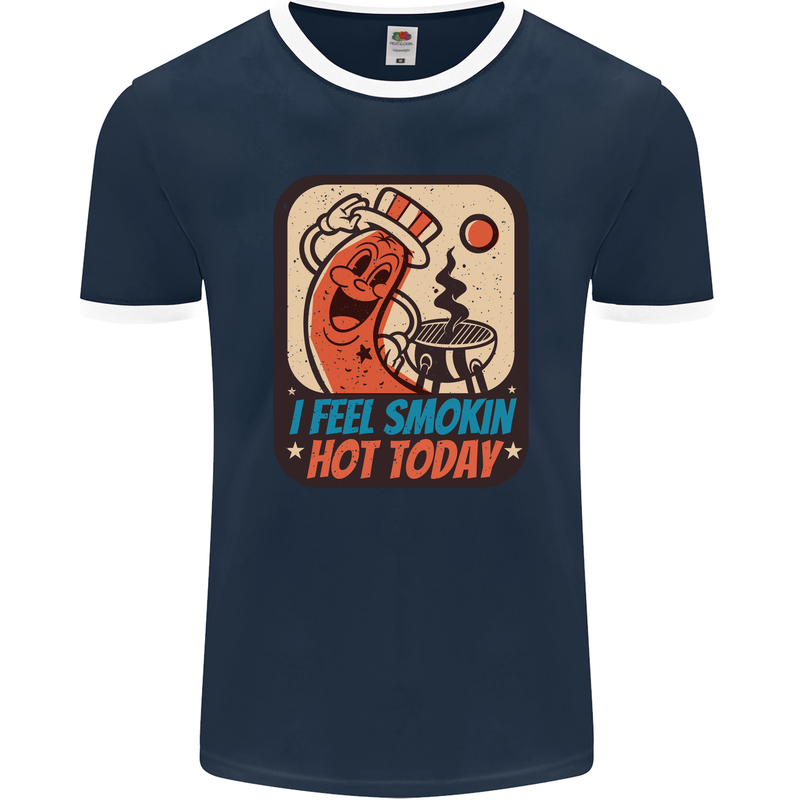 BBQ Smokin Hot Today Funny Grill Mens Ringer T-Shirt FotL Navy Blue/White