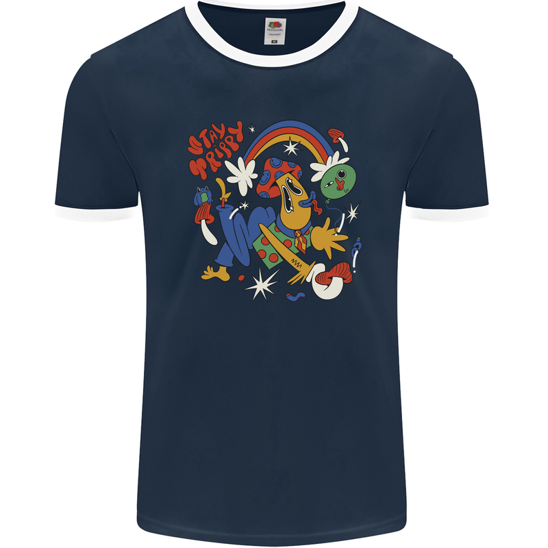 Stay Trippy Magic Mushrooms LSD Mens Ringer T-Shirt FotL Navy Blue/White