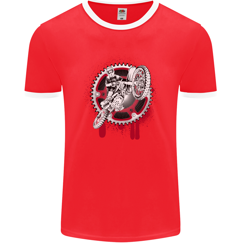 Motocross Bike on a Background of Gears Mens Ringer T-Shirt FotL Red/White