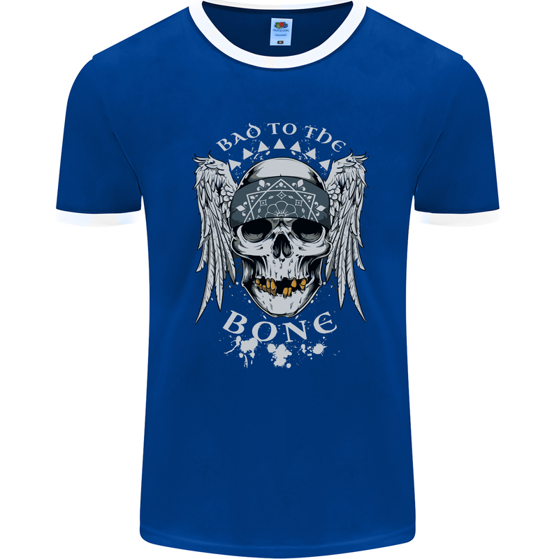 Bad 2 the Bone Biker Skull Angel Motorcycle Mens Ringer T-Shirt FotL Royal Blue/White